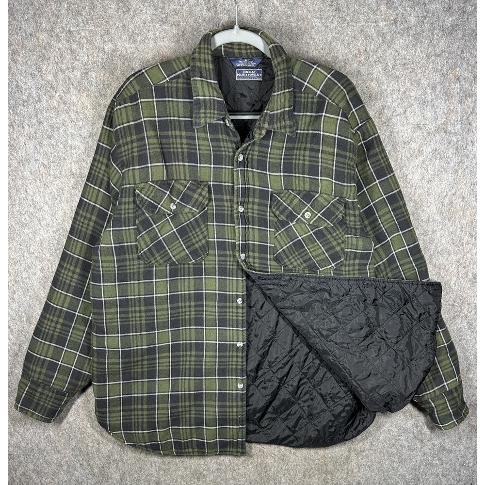 Great Northwest Mens XL Green Plaid Quilted Lined Flannel Shirt Jacket